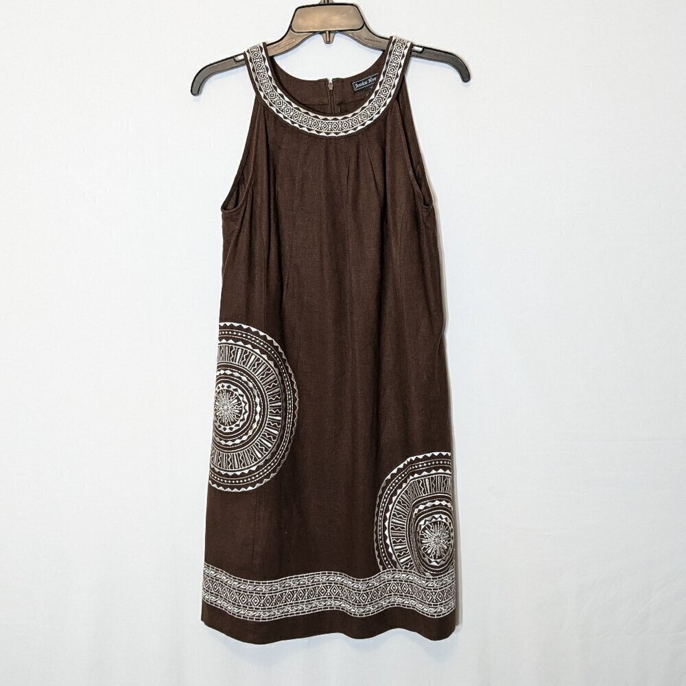 JESSICA HOWARD Brown w White Embroidery, Linen Blend Halter Dress; Size 10